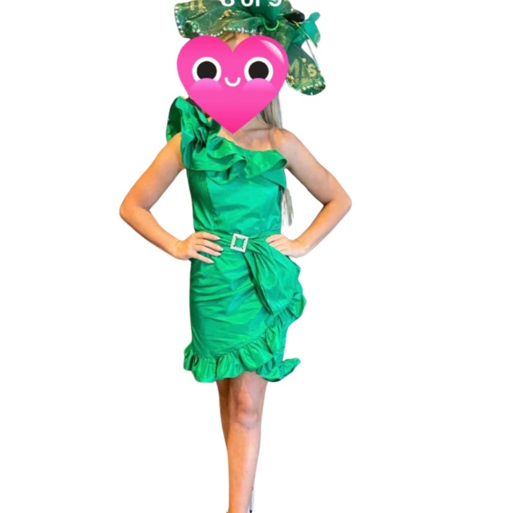Vibrant Green Ruffled Mini Dress and hat